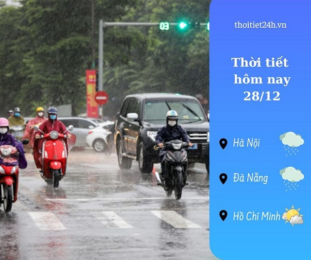 Dự báo thời tiết hôm nay 28/12: Hà Nội mưa rét, Hồ Chí Minh nắng nhẹ 