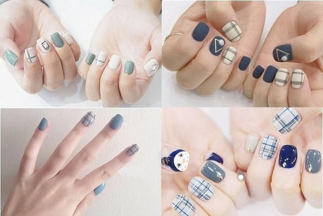 Nail móng vuông mix cùng tone xanh đi biển