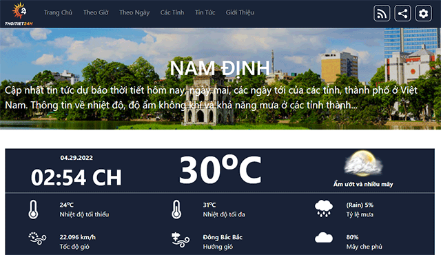 Dự báo tình hình thời tiết Nam Định 20 ngày tới trên trang Thoititet24h