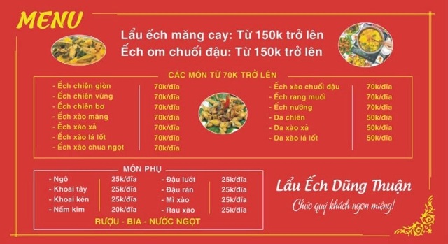 Menu lẩu ếch Dũng Thuận
