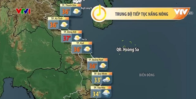 Dự báo nắng nóng khu vực Thanh Hóa - Phú Yên ngày 5/7 (Nguồn ảnh: Bản tin thời tiết VTV1 lúc 5h30 - 05/7/2023)