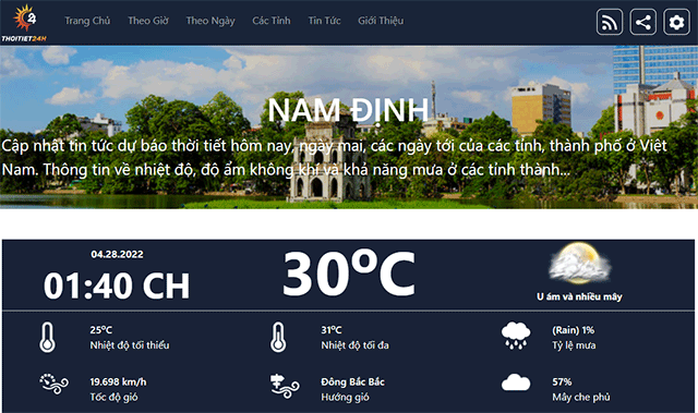 Cập nhật tình hình thời tiết Nam Định hàng giờ trên Thoitiet24h